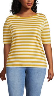 Lands' End Supima Cotton Elbow Sleeve Boatneck Button Shoulder Tee