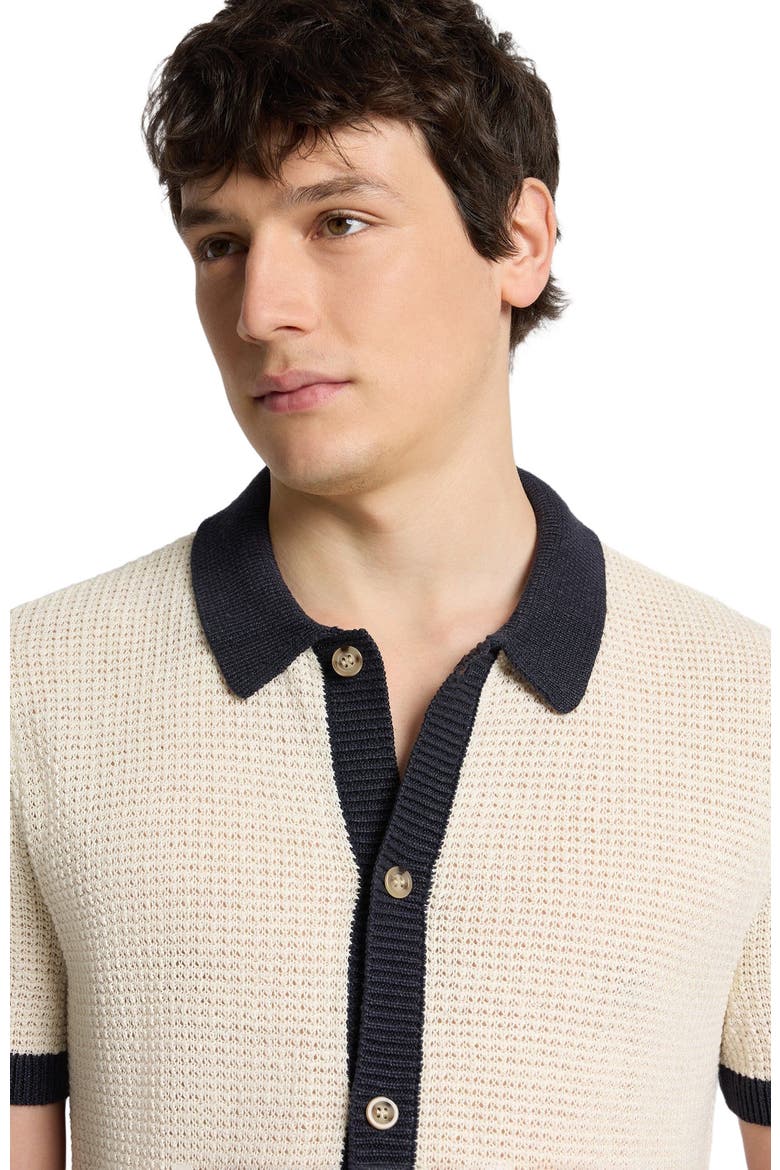 Linen Short Sleeve Button Up Sweater, Alternate, color, Midnight/Egret