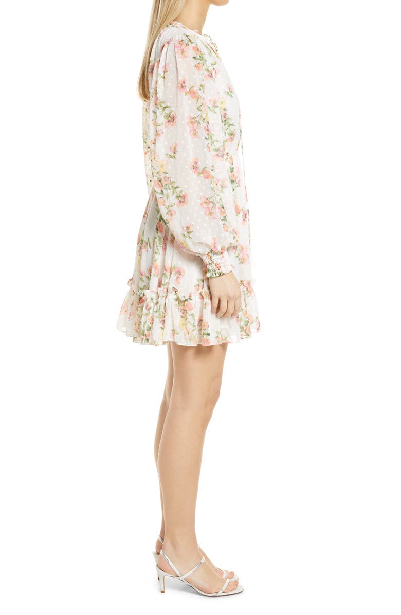 Floral Print Long Sleeve Swiss Dot Dress