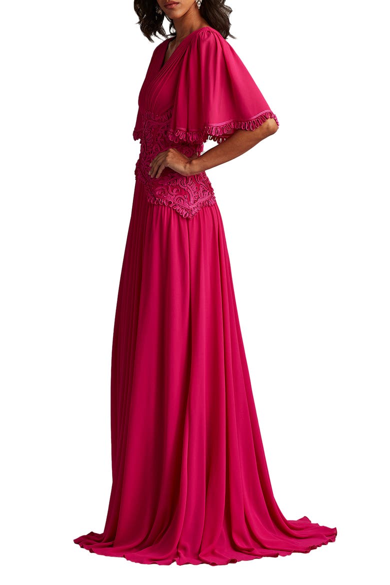 Scroll Lace Detail Flutter Sleeve Chiffon Gown, Alternate, color, HIBISCUS