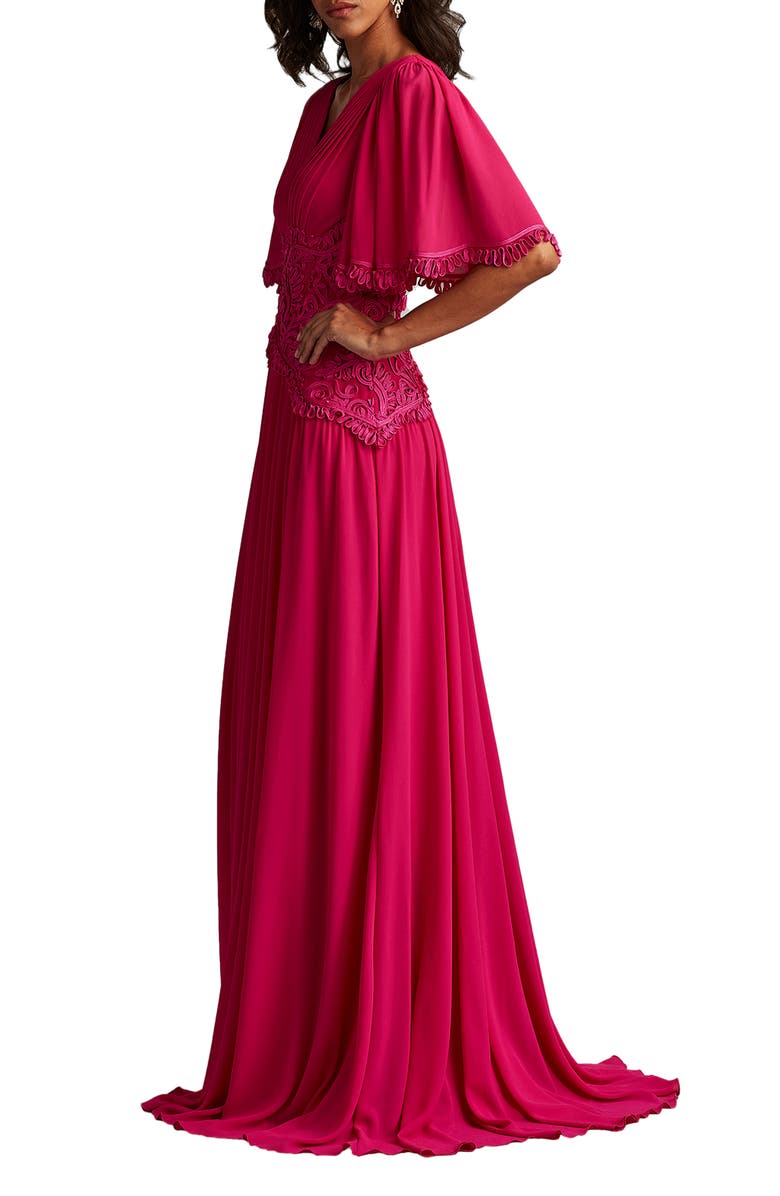 Tadashi Shoji Scroll Lace Detail Flutter Sleeve Chiffon Gown, Alternate, color, Hibiscus