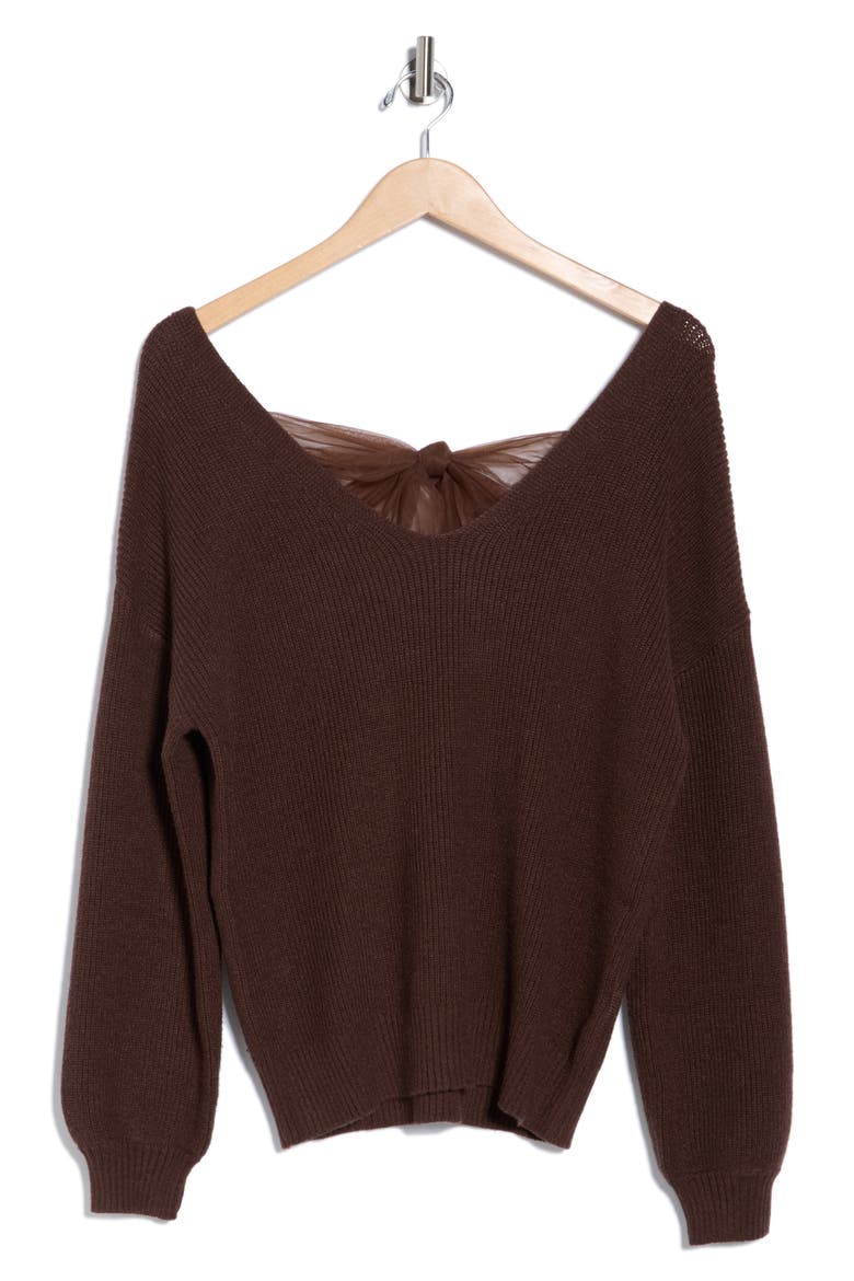 Bow V-Neck Sweater, Alternate, color, BROWN