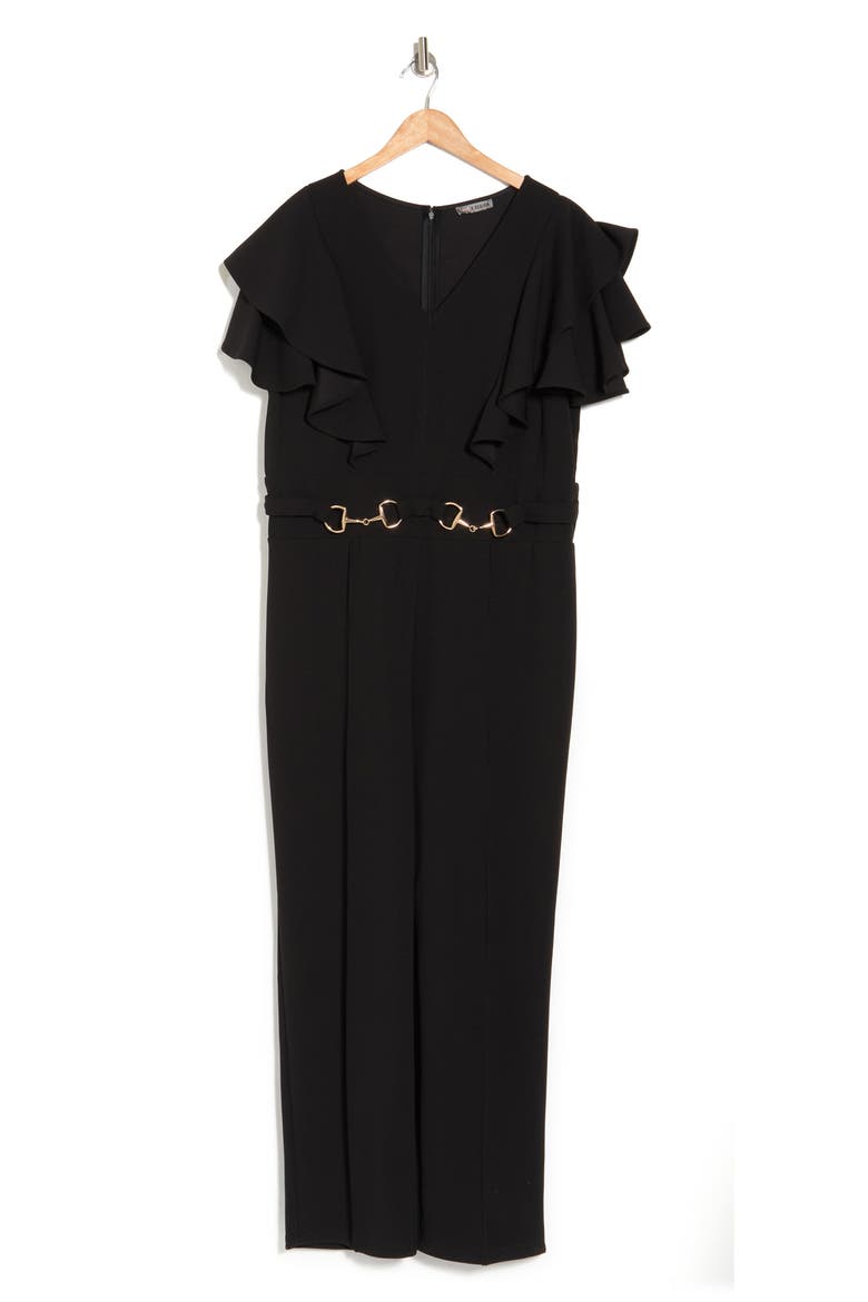 Nova Flutter Sleeve Scuba Crepe Jumpsuit, Alternate, color, BLACK