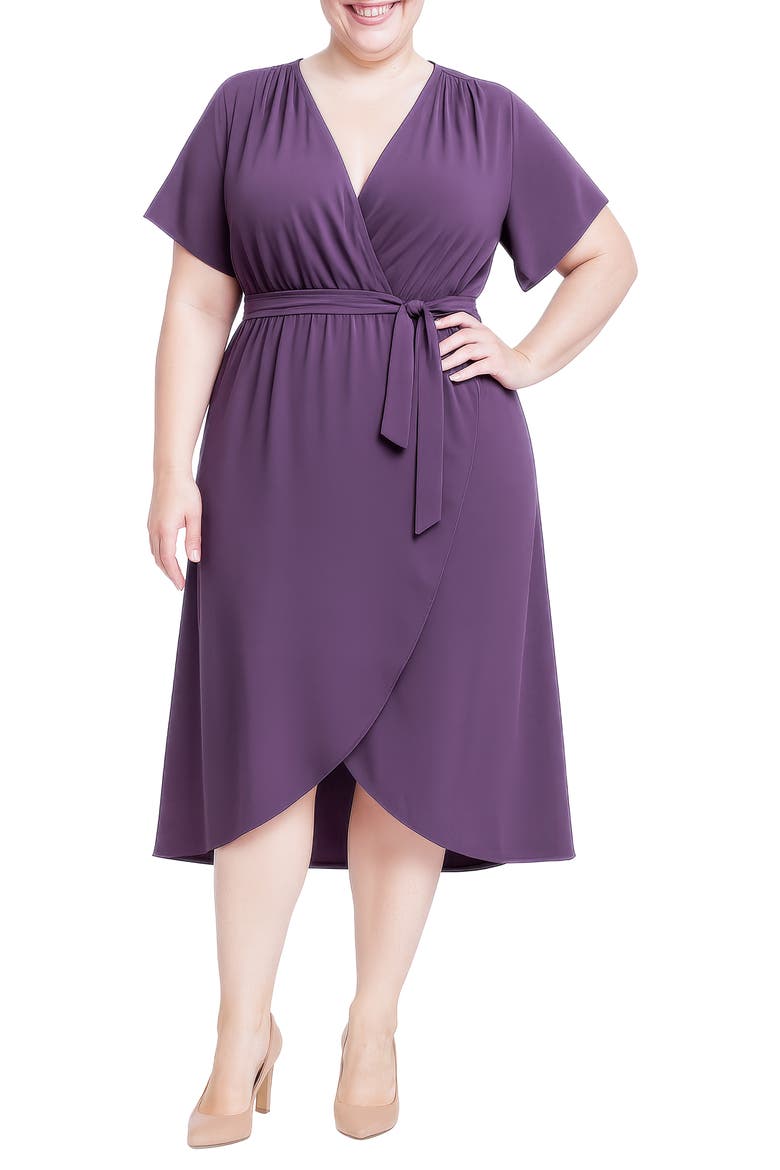 Tie Front Faux Wrap Midi Dress, Main, color, PURPLE