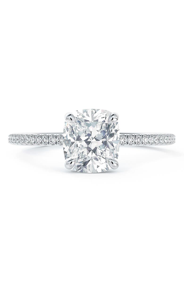 De Beers Forevermark Delicate Icon<sup>™</sup> Setting Cushion Diamond Engagement Ring with Diamond Band, Alternate, color, 