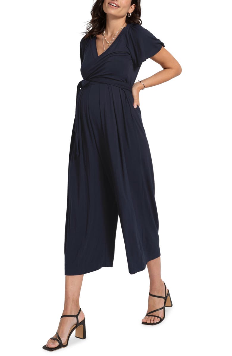 Seraphine Tie Belt Crop Wide Leg Maternity/Nursing Jumpsuit, Main, color, 