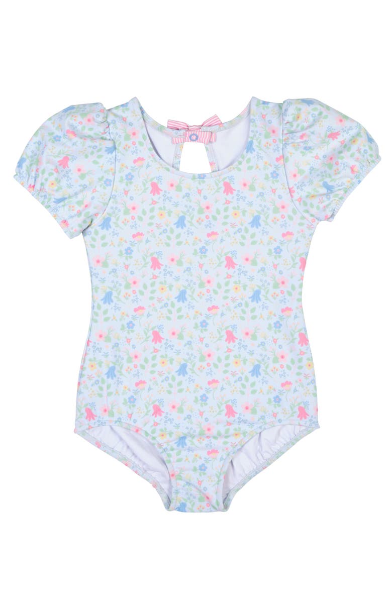 Florence Eiseman Floral Print Swimsuit with Puff Sleeves, Main, color, Blue/Multi