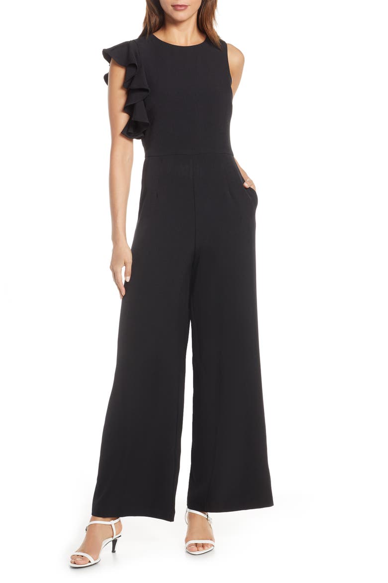 Hunter Crepe Ruffle Shoulder Jumpsuit, Main, color, BLACK