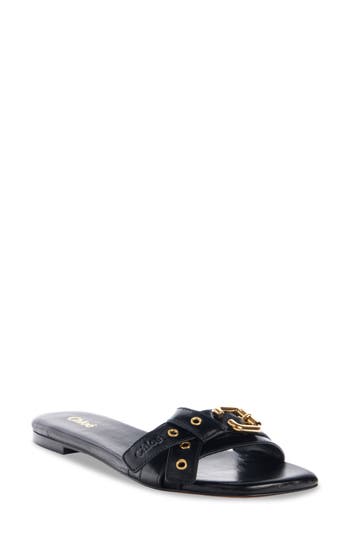Chloé Mae Leather Buckle Flat Slide Sandals In Black