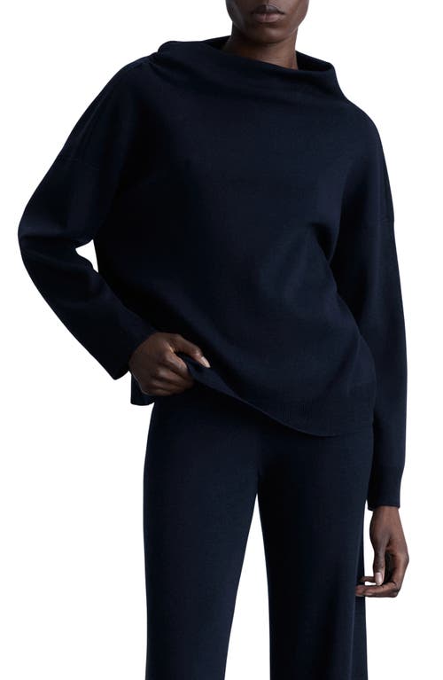 Mango Asymmetric Mock Neck Off The Shoulder Sweater In Dark Navy