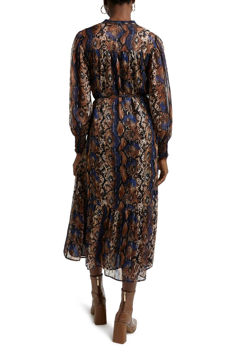 Snakeskin Print Tiered Long Sleeve Midi Dress, Alternate, color, BROWN