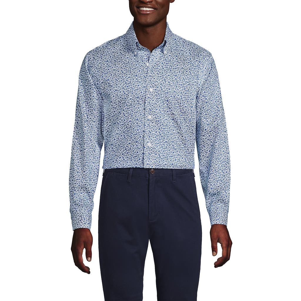 Lands' End School Uniform Tailored Fit No Iron Solid Supima Cotton Pinpoint Buttondown Collar Dress In Mariner Blue Blooms