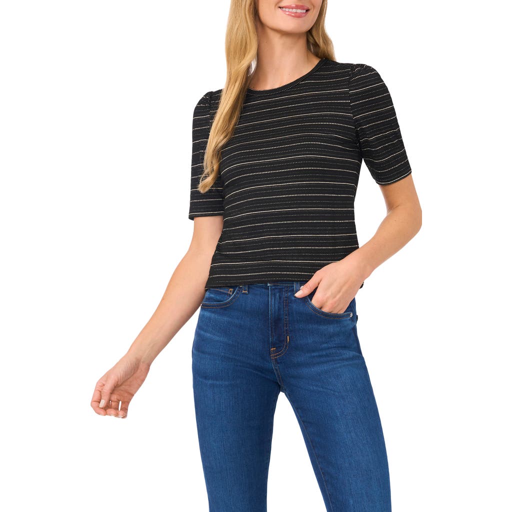 Cece Metallic Gathered Shoulder Elbow Sleeve Top In Rich Black