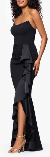 Satin Ruffle Detail Strapless Scuba Crepe Corset Gown