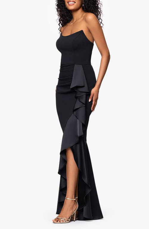 Betsy & Adam Satin Ruffle Detail Strapless Scuba Crepe Corset Gown In Black