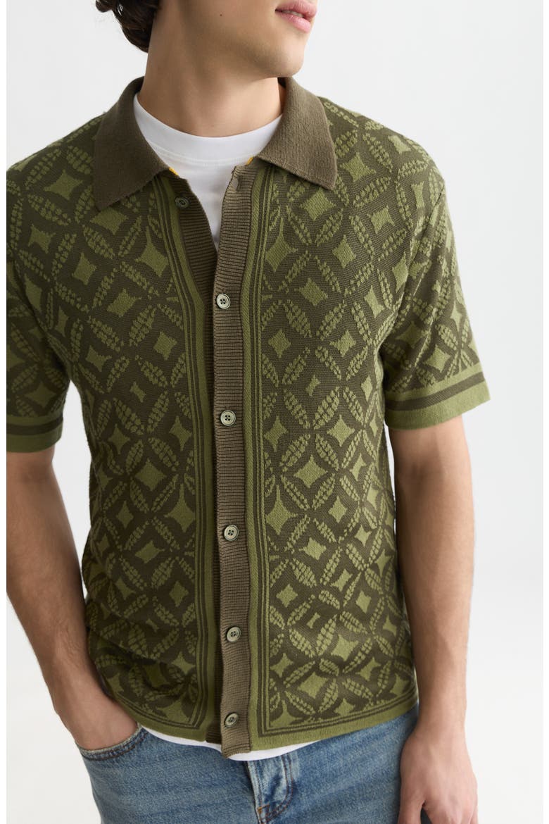 Knit Short Sleeve Button-Up Shirt, Alternate, color, TILES FLOWER OLIVE NIGHT
