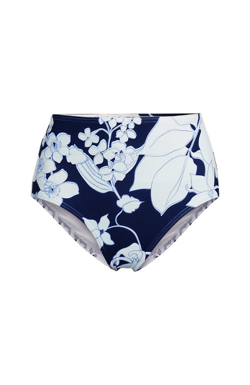 Shop Lands' End Sculpting Suit Chlorine Resistant Targeted Control Retro High Waisted Bikini Swim Bottoms In Deep Sea Navy/white Lilies