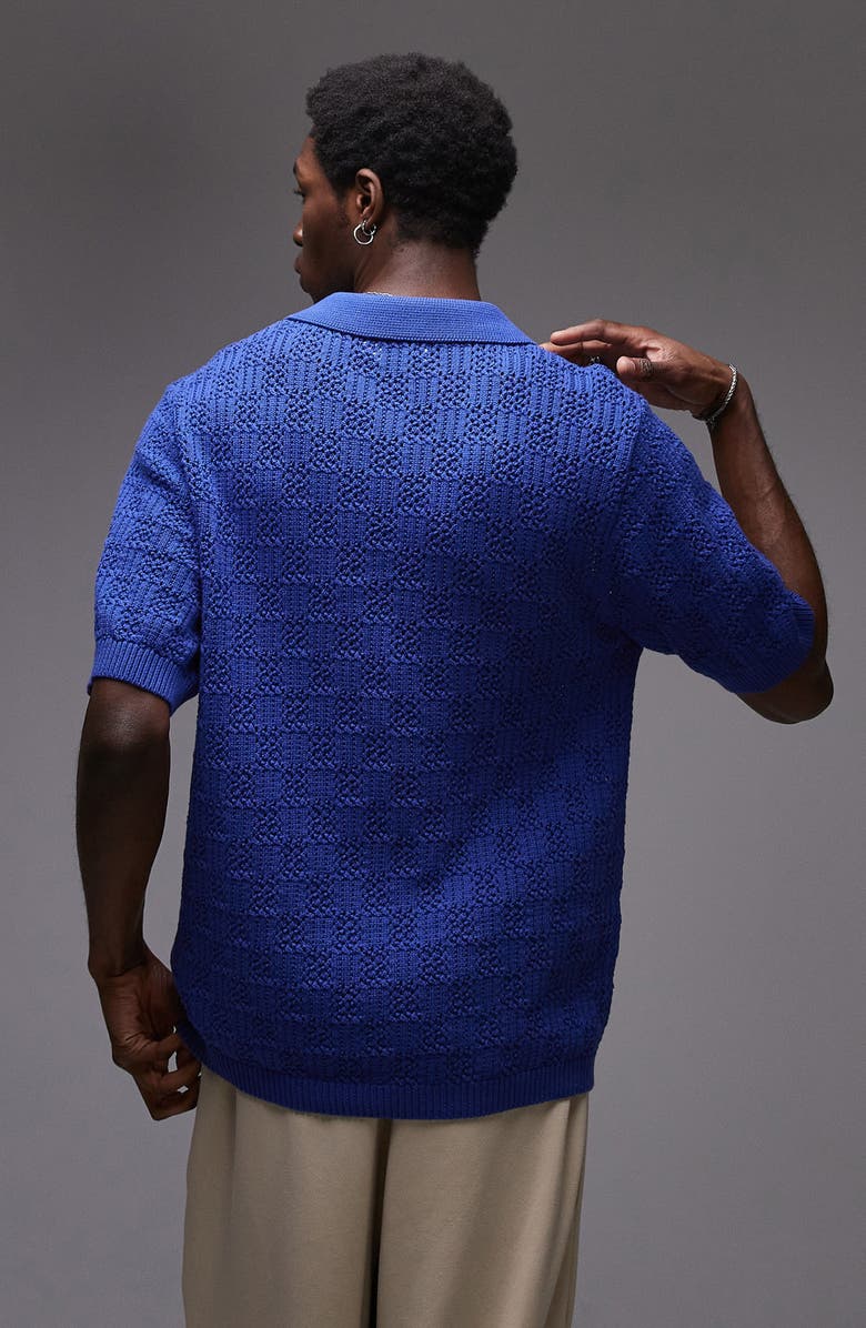 Topman Johnny Collar Check Pattern Cotton Polo Sweater, Alternate, color, Medium Blue