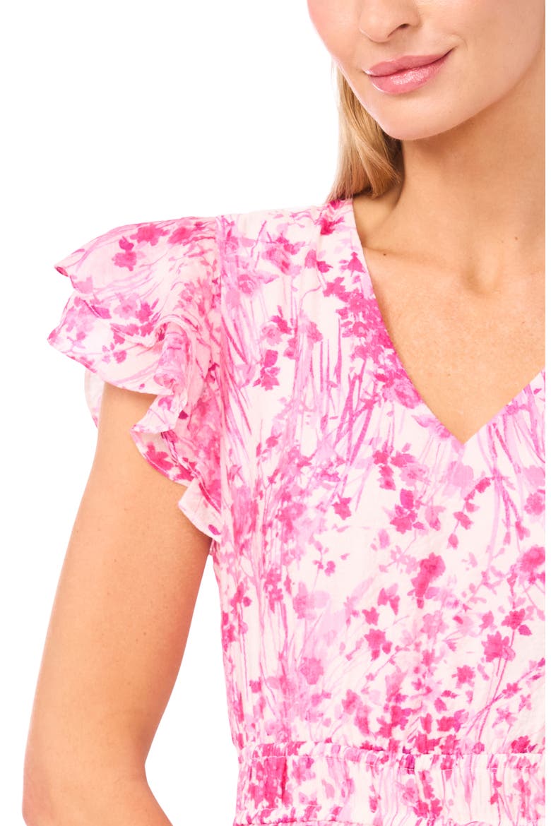Double Ruffle Sleeve Midi Dress, Alternate, color, NEW IVORY/ PINK FLORAL