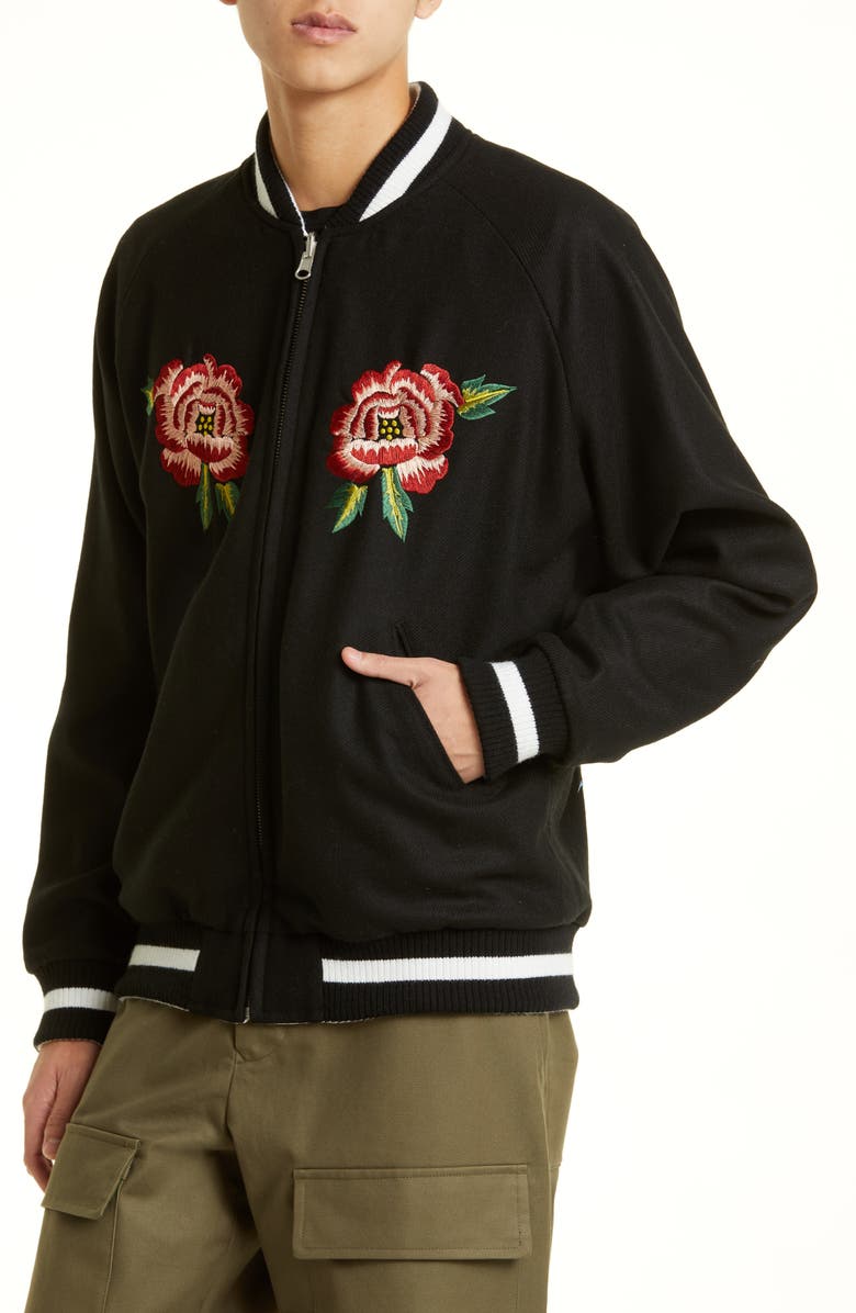 KENZO Souvenir Floral Embroidered Reversible Wool & Satin Bomber Jacket, Alternate, color,
