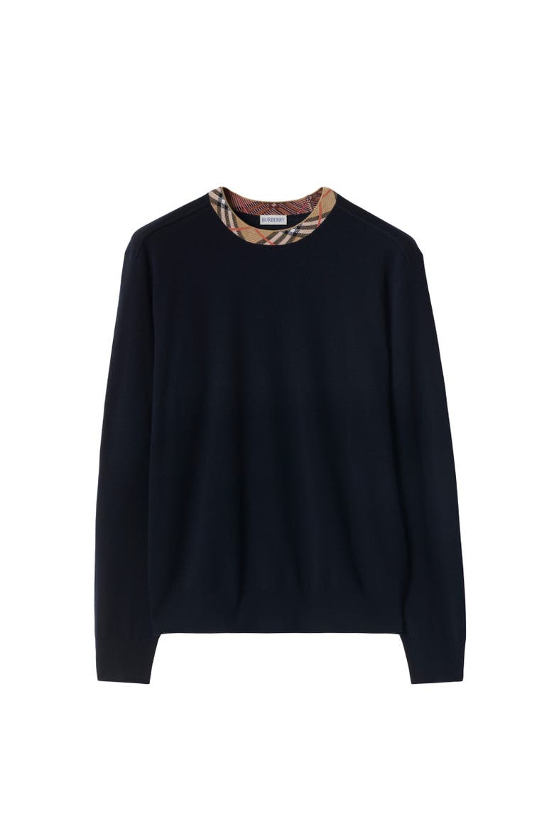 Check Trim Wool Sweater, Alternate, color, Navy