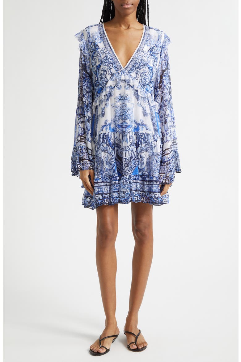 A Tiled Wonderland Print Long Sleeve Tiered Ruffle Silk Chiffon Minidress, Main, color, A TILED WONDERLAND