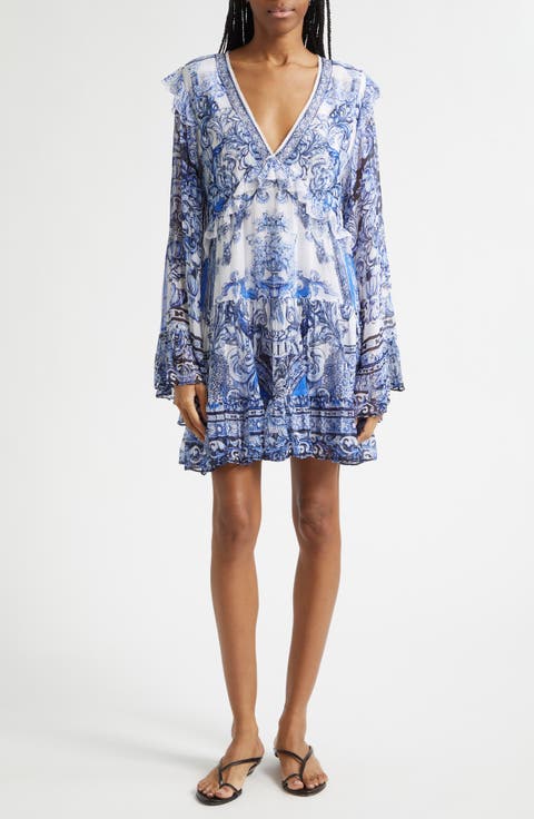 A Tiled Wonderland Print Long Sleeve Tiered Ruffle Silk Chiffon Minidress