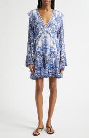 Camilla A Tiled Wonderland Print Long Sleeve Tiered Ruffle Silk Chiffon Minidress