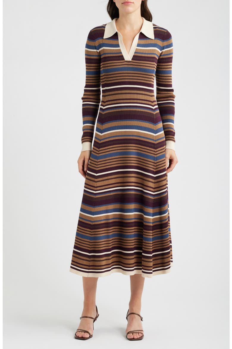 Stripe Long Sleeve Midi Sweater Dress, Main, color, CAMEL MULTI