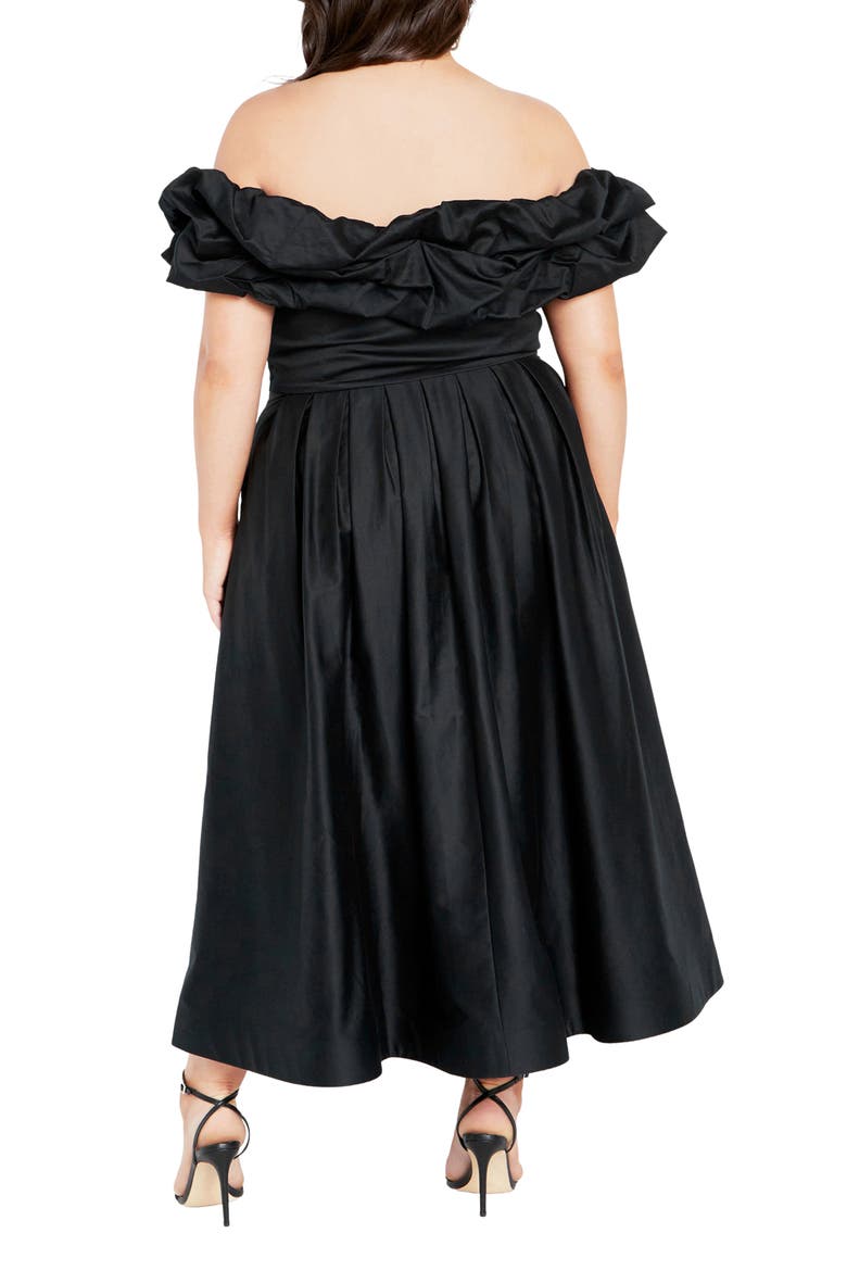 London Off the Shoulder Satin Midi Dress, Alternate, color, BLACK