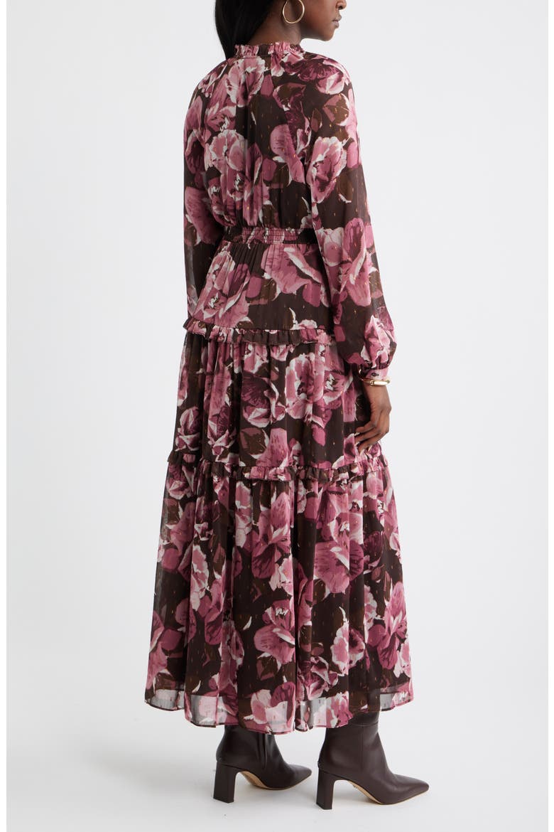 Floral Metallic Clip Dot Ruffle Tiered Midi Dress, Alternate, color, BROWN PINK WENDI FLORAL