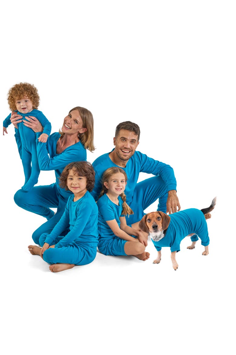 Kids Short Sleeve Cotton Solid Matching Family Pajamas, Alternate, color, TEAL BLUE