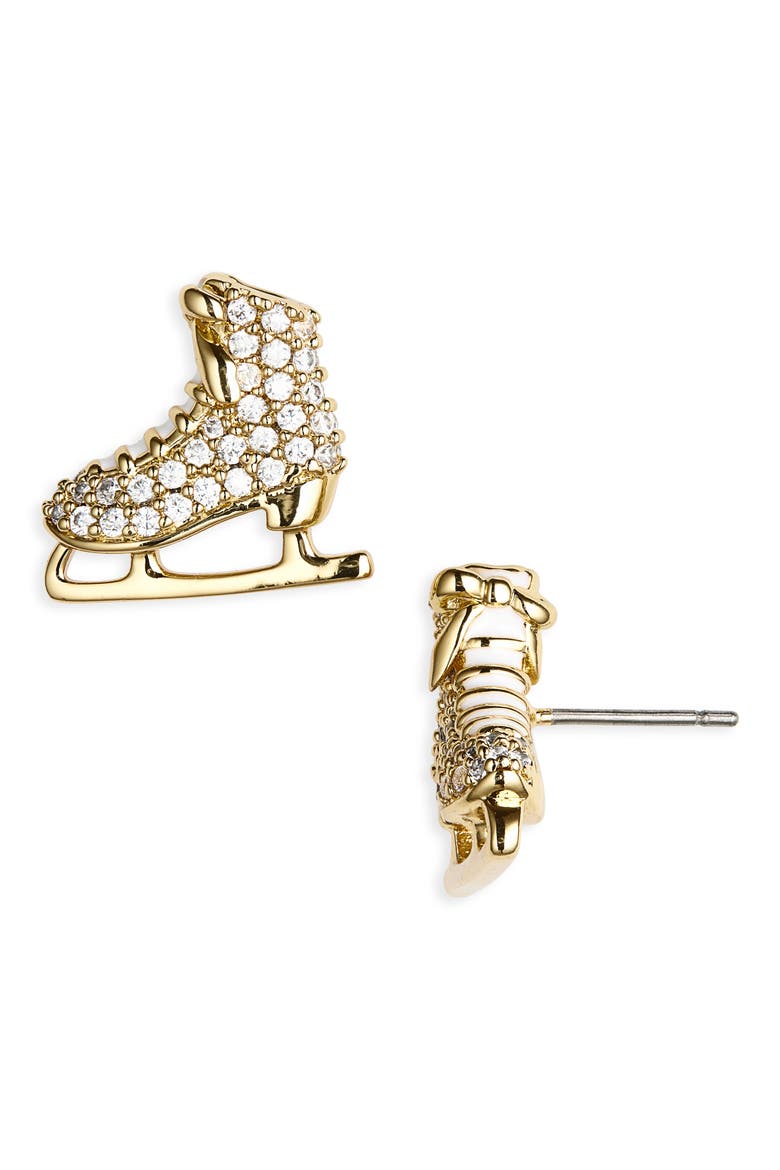 snow day ice skate stud earrings, Main, color, CLEAR/ GOLD