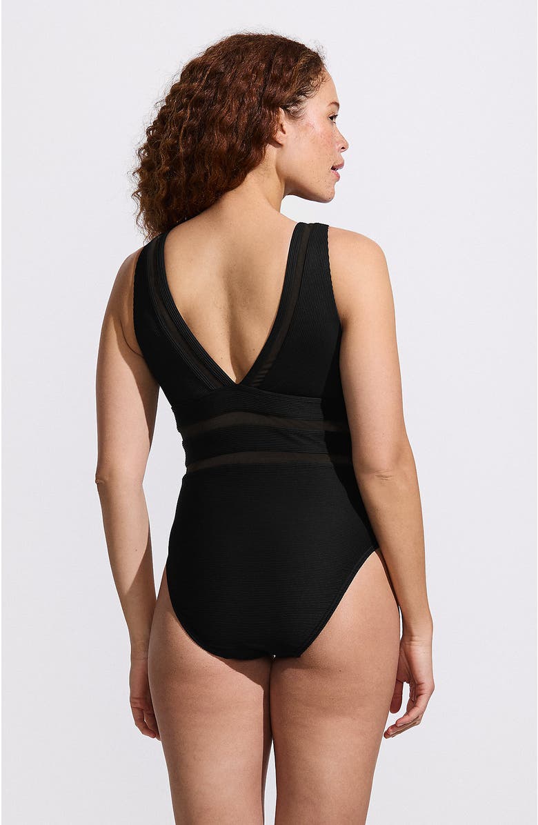Lands
 End Mesh Plunge High Leg One Piece Swimsuit, Alternate, color, Black Ottoman