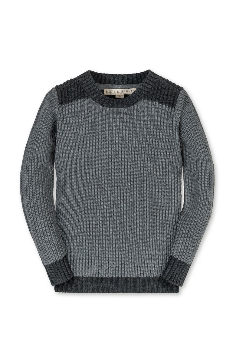Hope & Henry Kids' Organic Long Sleeve Shoulder Detail Crewneck Pullover Sweater, Main, color, Gray Heather Colorblock