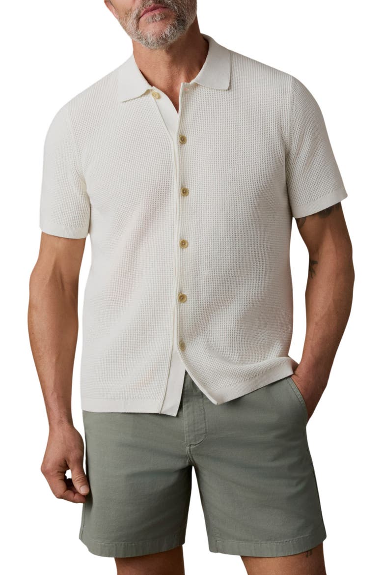 Sunwashed Waffle Stitch Short Sleeve Organic Cotton Button-Up Sweater Shirt, Main, color, WHITE SHELL