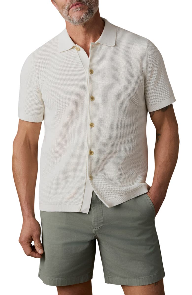 Faherty Sunwashed Waffle Stitch Short Sleeve Organic Cotton Button-Up Sweater Shirt, Main, color, White Shell