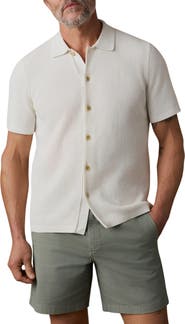 Faherty Sunwashed Waffle Stitch Short Sleeve Organic Cotton Button-Up Sweater Shirt