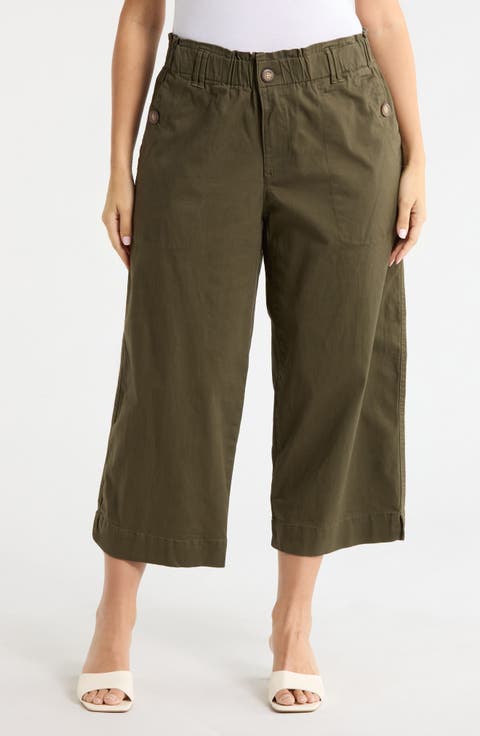Button Pocket Crop Wide Leg Pants (Plus)