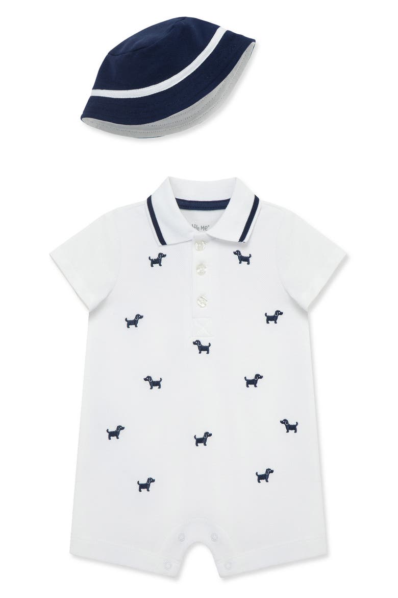 Embroidered Puppy Cotton Piqué Polo Romper & Bucket Hat Set, Main, color, WHITE