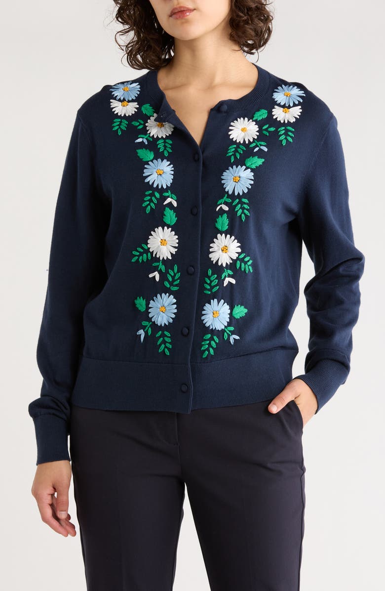Brooks Brothers Floral Embroidered Cotton Cardigan, Main, color, Navy Emb. Flowers