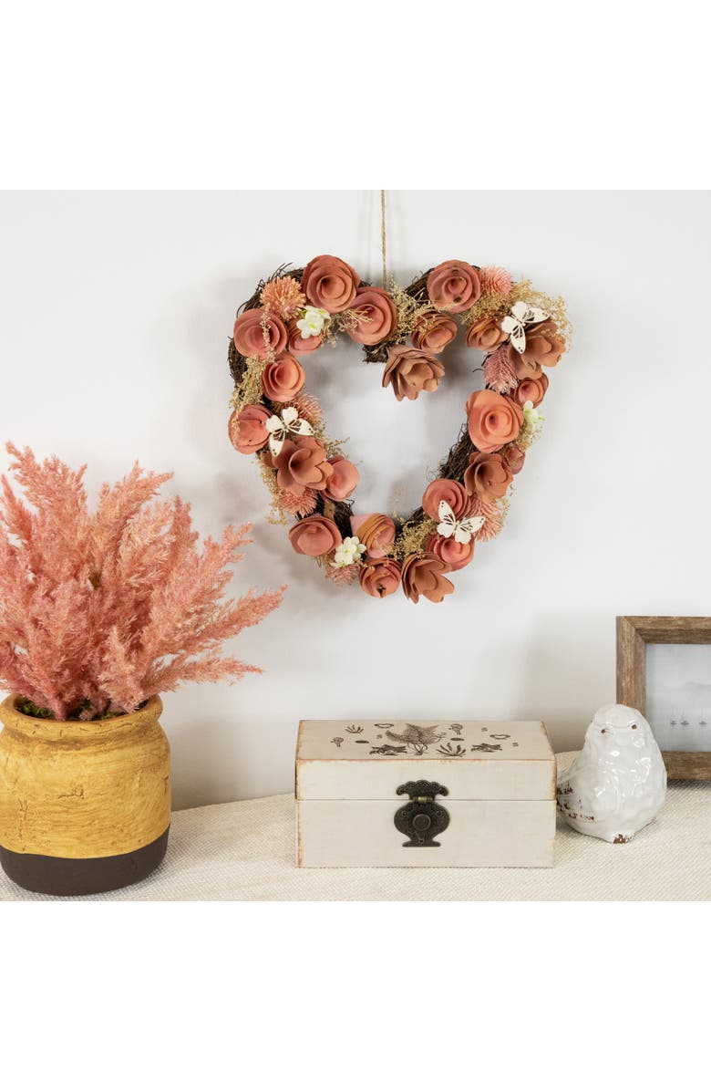 Northlight 10" Pink Wooden Rose Heart Spring Wreath with Butterflies, Alternate, color, 
