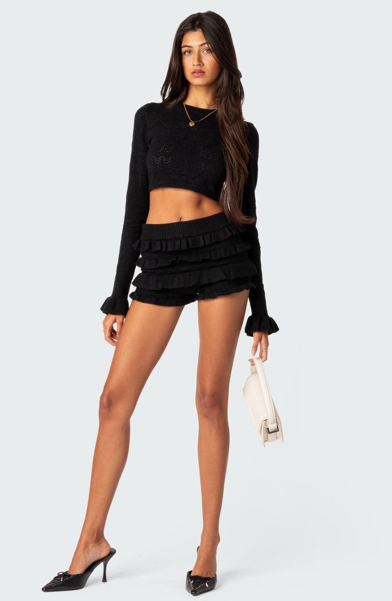 EDIKTED Lindsay Ruffle Knit Shorts, Alternate, color, Black