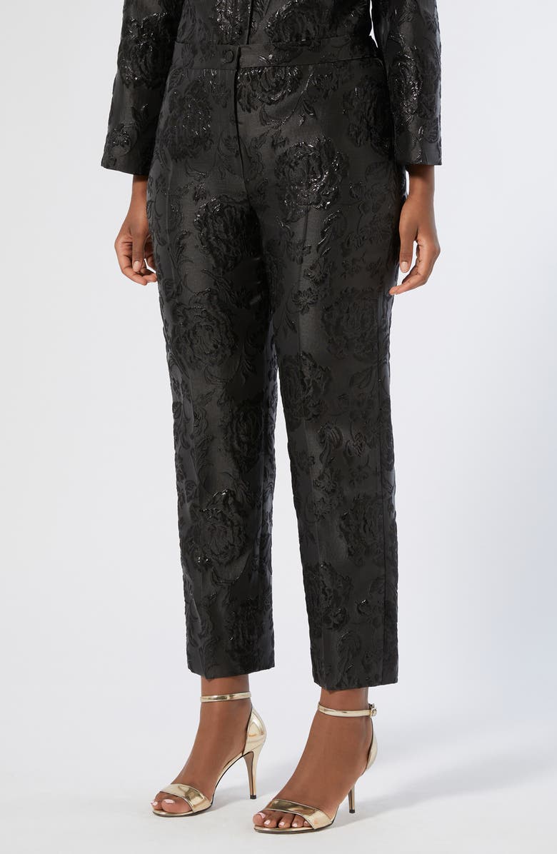 Marina Rinaldi Demetra Metallic Floral Jacquard Pants, Main, color, Black