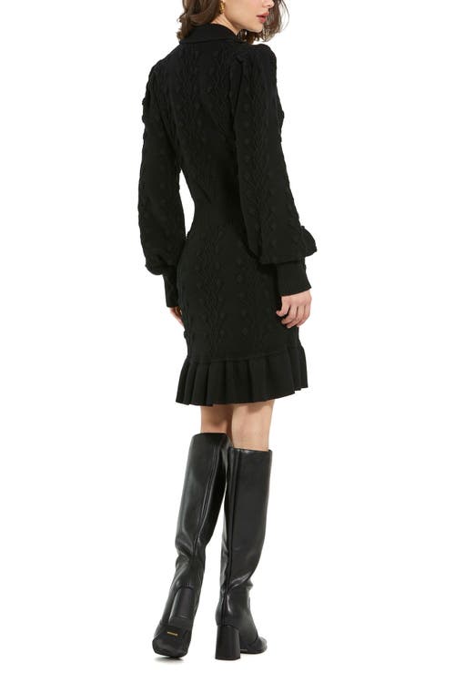 Mac Duggal Long Sleeve Bobble Knit Collared Button Up Dress In Black