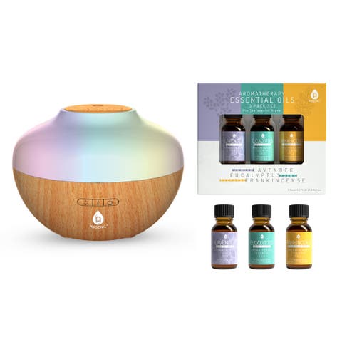 Aromatherapy Diffuser & Essential Oil Set-Ultrasonic Top 3 Oils-300ml with 2 Mist Settings 7 Ambient Light Settings