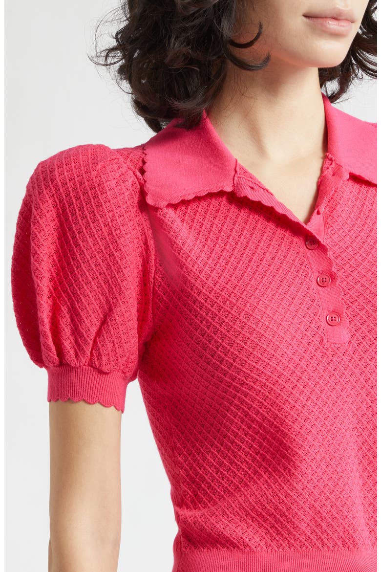 Ramona Puff SleevePointelle Polo Sweater, Alternate, color, DEEP PINK