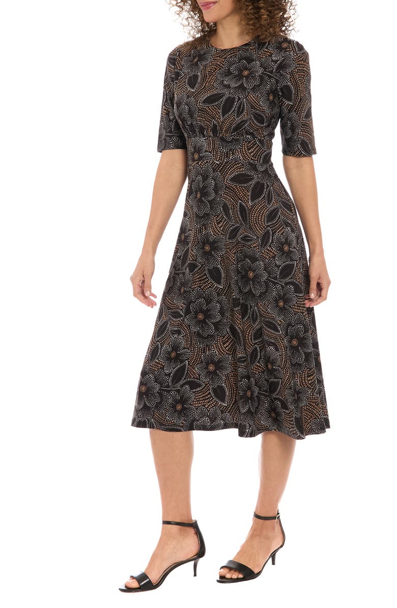 London Times Floral Short Sleeve Inset Waist Midi Dress, Alternate, color, Black/ Tan