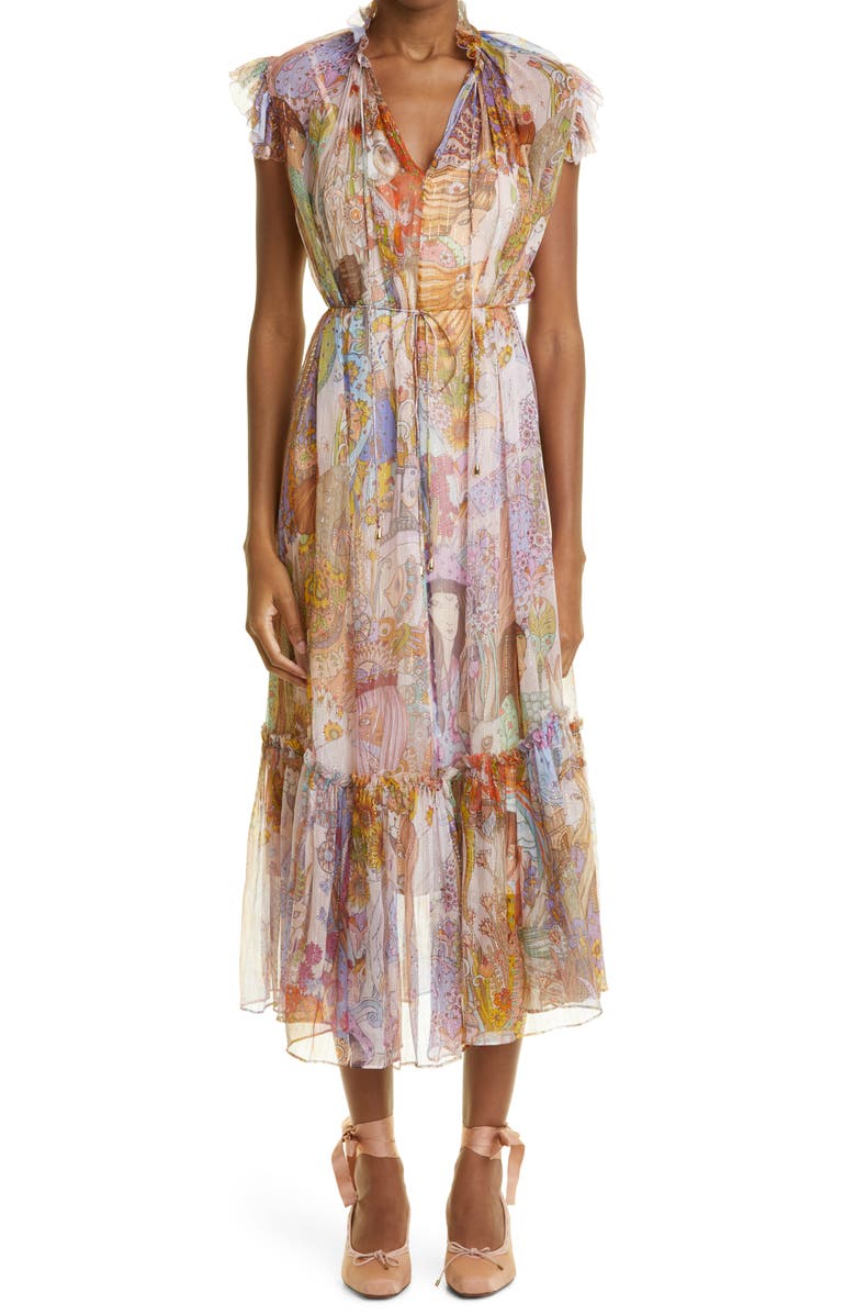 Zimmermann Zodiac Print Metallic Silk Blend Maxi Dress, Main, color, 