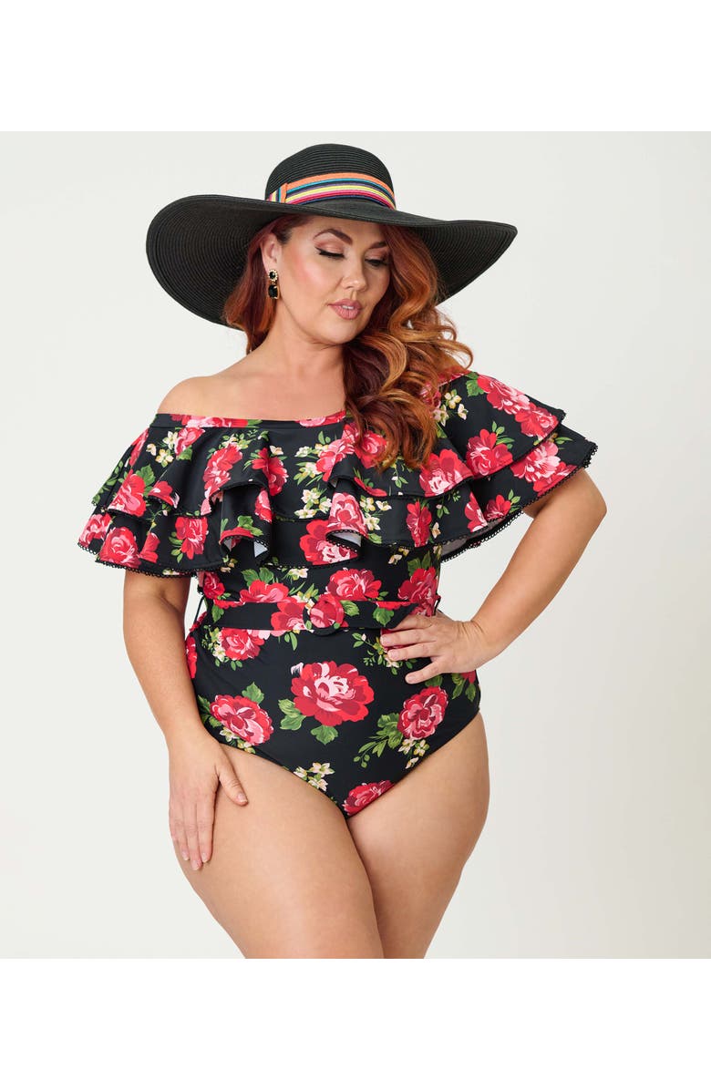 Unique Vintage Off Shoulder Nantucket Swimsuit, Alternate, color, Black Cabbage Rose Print